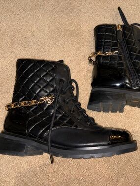 Quilted Black Lace-Up Ankle Boots with Gold Chain Detail